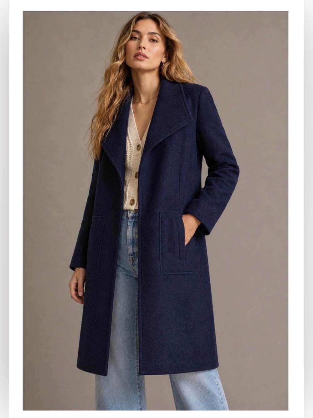 Bernardo NWT Textured Evening Blue Wool Blend mid length overcoat peacoat lined